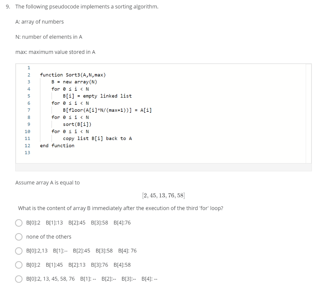 Solved 9. The following pseudocode implements a sorting | Chegg.com