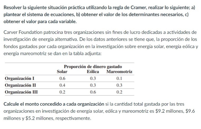 Resolver la siguiente situación práctica utilizando la regla de Cramer, realizar lo siguiente; a) plantear el sistema de ecua