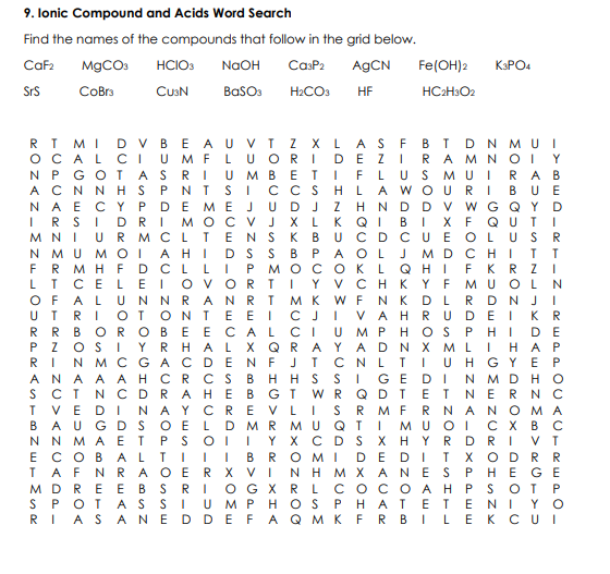 9. Ionic Compound And Acids Word Search 