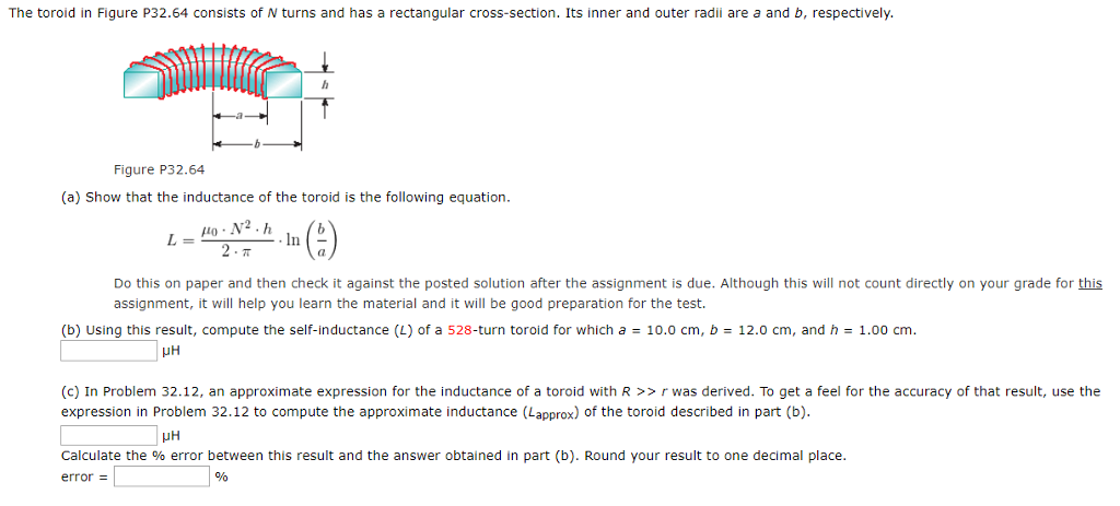 Solved The toroid in Figure P32.64 consists of N turns and | Chegg.com