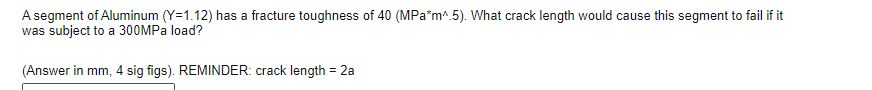 Solved A segment of Aluminum (Y=1.12) has a fracture | Chegg.com