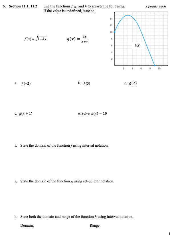 Solved 5. Section 11.1, 11.2 Use the functions f, g, and h | Chegg.com