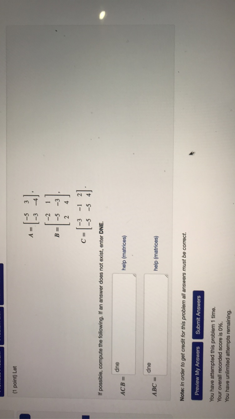 Solved (1 point) Let 1-2 11 B = -5 1 2 -3), 4 ] C= [-3 -1 21 | Chegg.com
