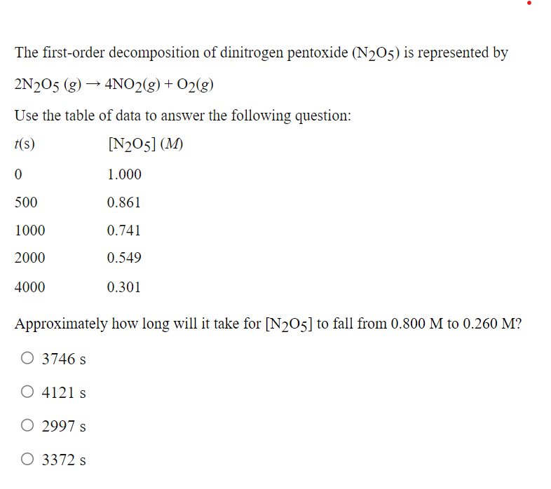 The first-order decomposition of dinitrogen pentoxide \( \left(\mathrm{N}_{2} \mathrm{O}_{5}\right) \) is represented by \( 2