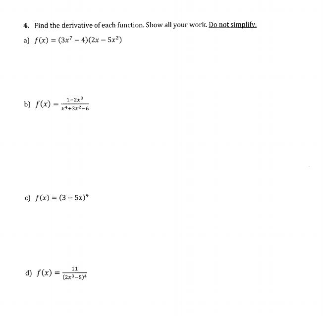 Solved 4. Find the derivative of each function. Show all | Chegg.com