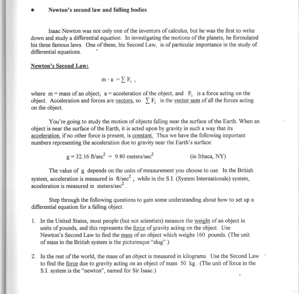 Solved Newton's second law and falling bodies Isaac Newton | Chegg.com