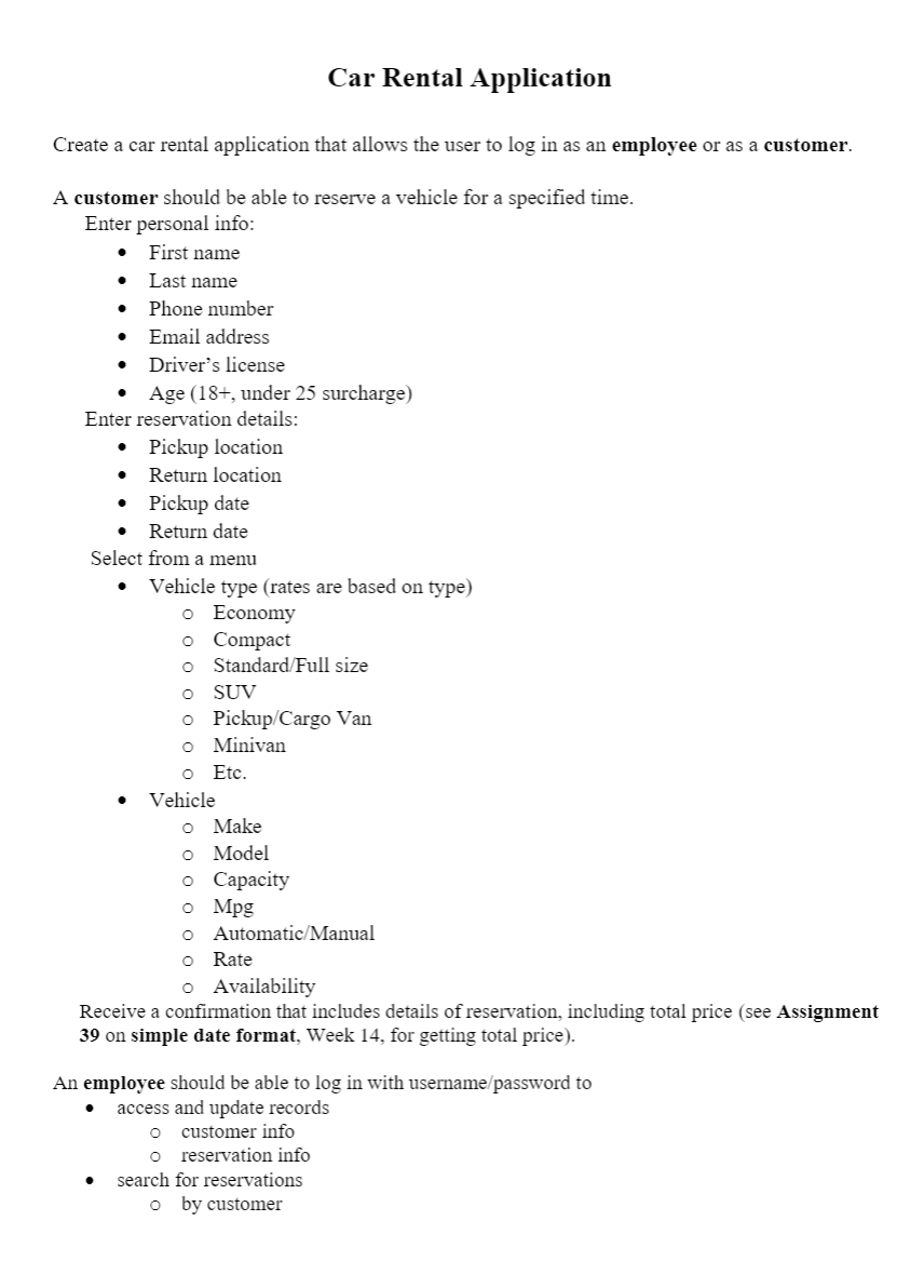Solved Car Rental Application Create a car rental