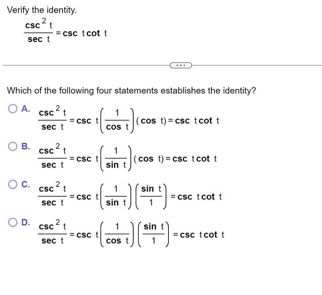 Solved Verify the identity. sectcsc2t=csctcott Which of the | Chegg.com