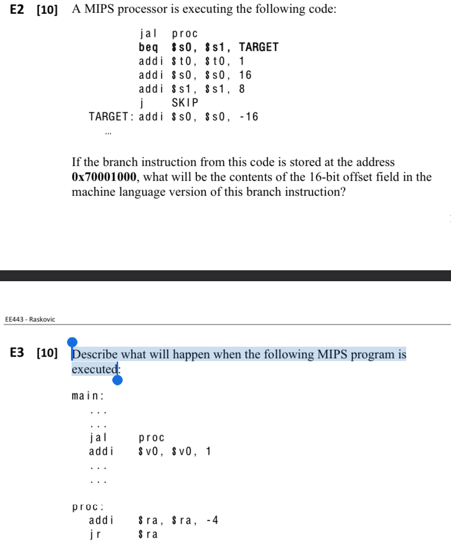 Solved E2 [10] A MIPS processor is executing the following | Chegg.com