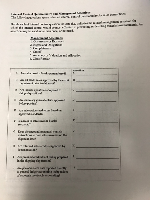 Solved Internal Control Questionnaire and Management | Chegg.com