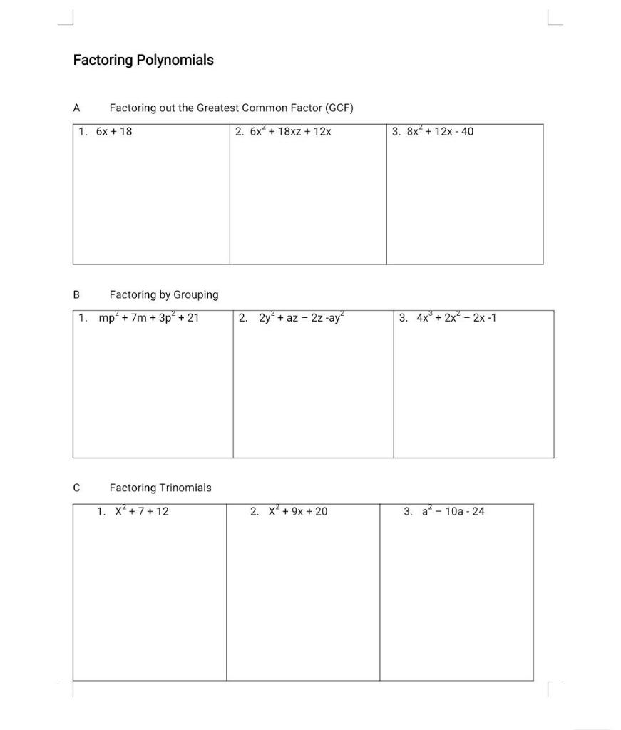 Factoring Trinomials with GCFs Question Stack Activity