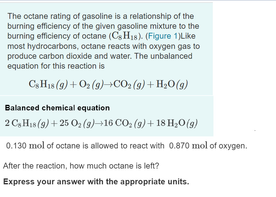 Solved The octane rating of gasoline is a relationship of