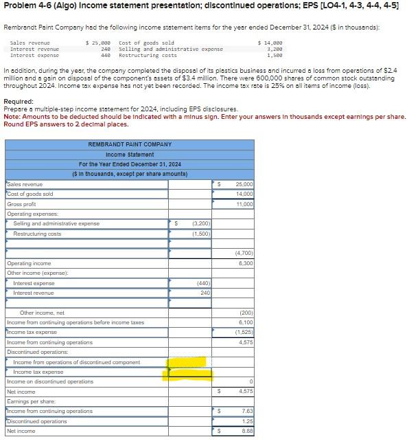 Solved Problem 4.6 (Algo) Income statement presentation; | Chegg.com