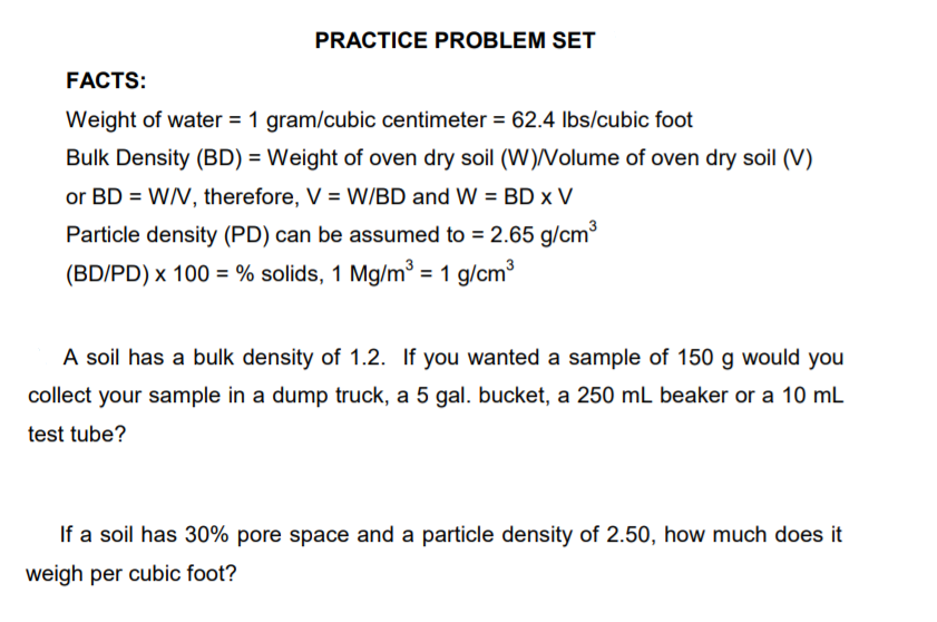 Practice Problem Set Facts Weight Of Water 1 Chegg Com