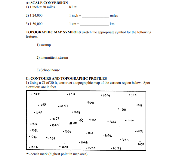 TOPOGRAPHIC MAP SYMBOLS Sketch the appropriate symbol for the following features:
1) swamp
2) intermittent stream
3) School h