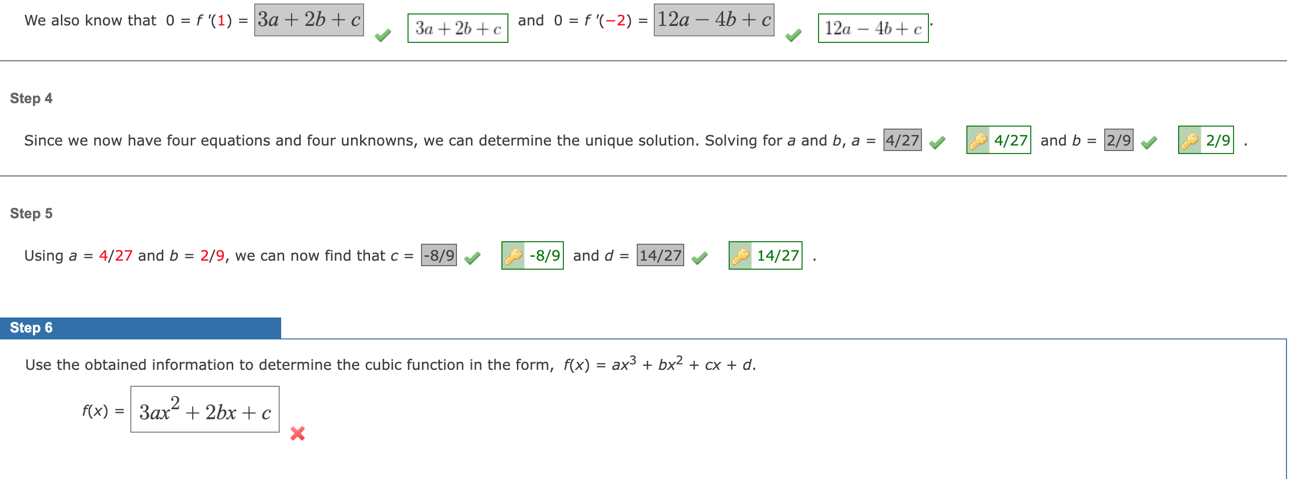 Solved We also know that 0=f′(1)=3a+2b+c3a+2b+c and | Chegg.com