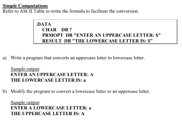 Solved Simple Computations Refer to ASCII Table to write the | Chegg.com