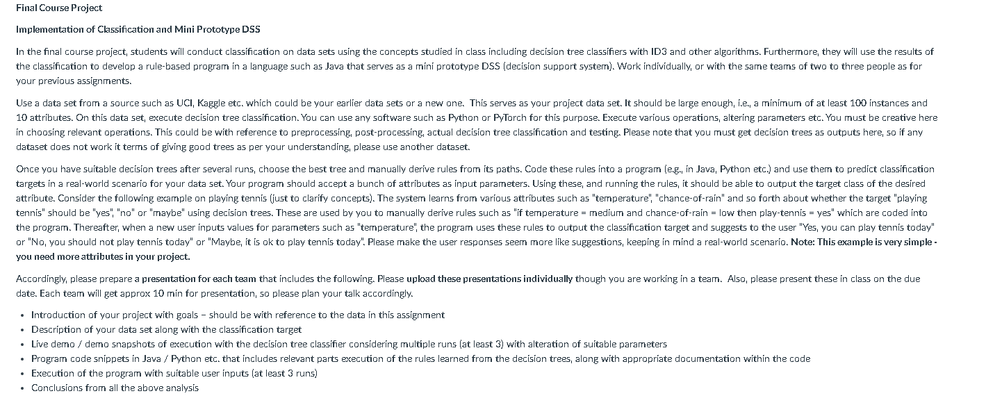 Final Course Project Implementation of Classification | Chegg.com