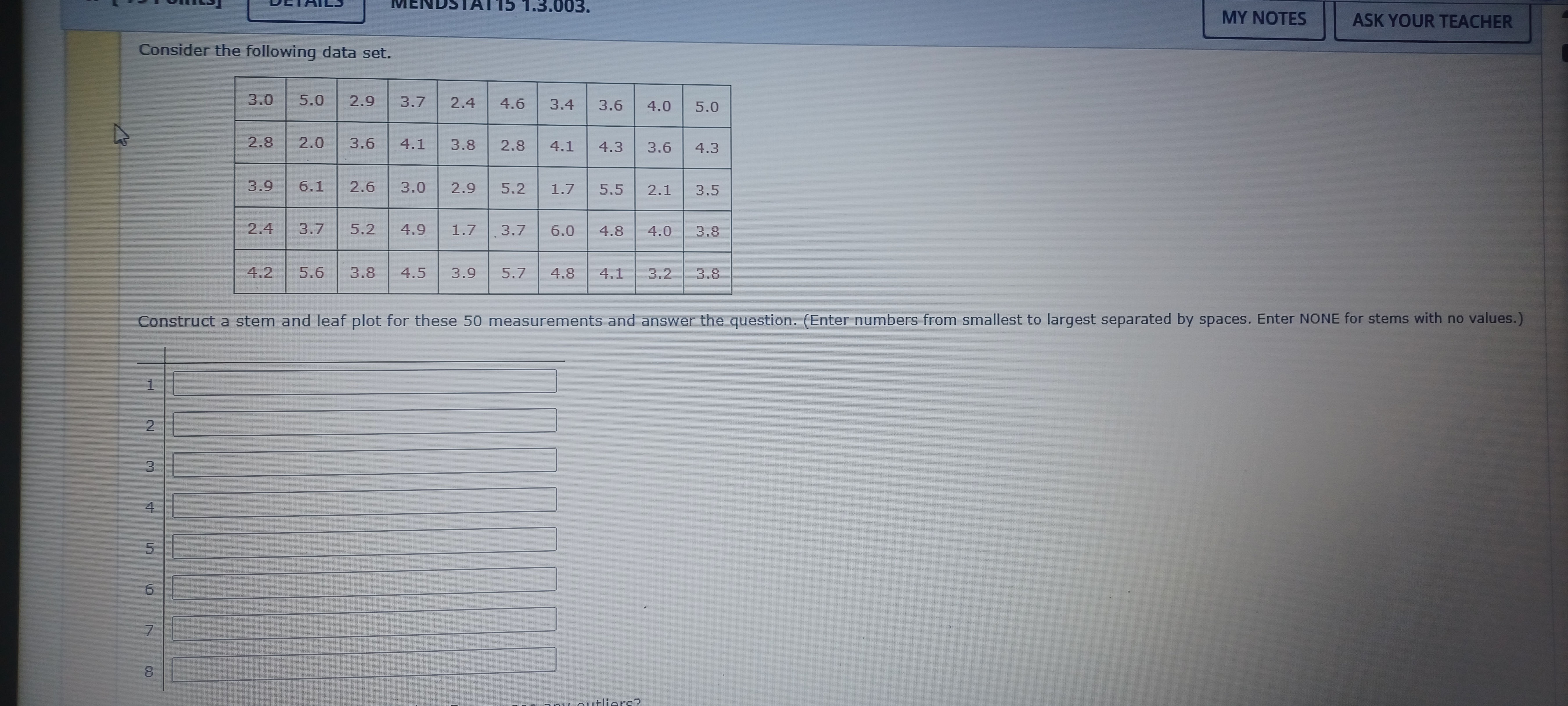 Solved Construct a stem and leaf plot for these 50 | Chegg.com