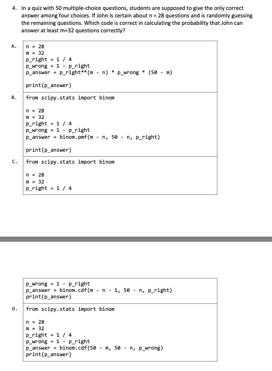 Solved 4. In a quiz with 50 multiple-choice questions, | Chegg.com