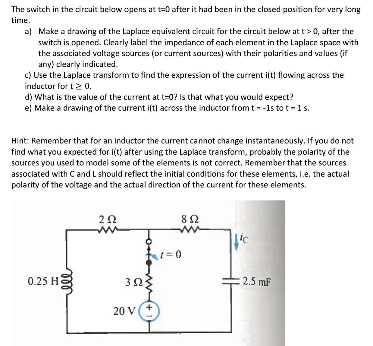Solved The switch in the circuit below opens at t=0 after it | Chegg.com