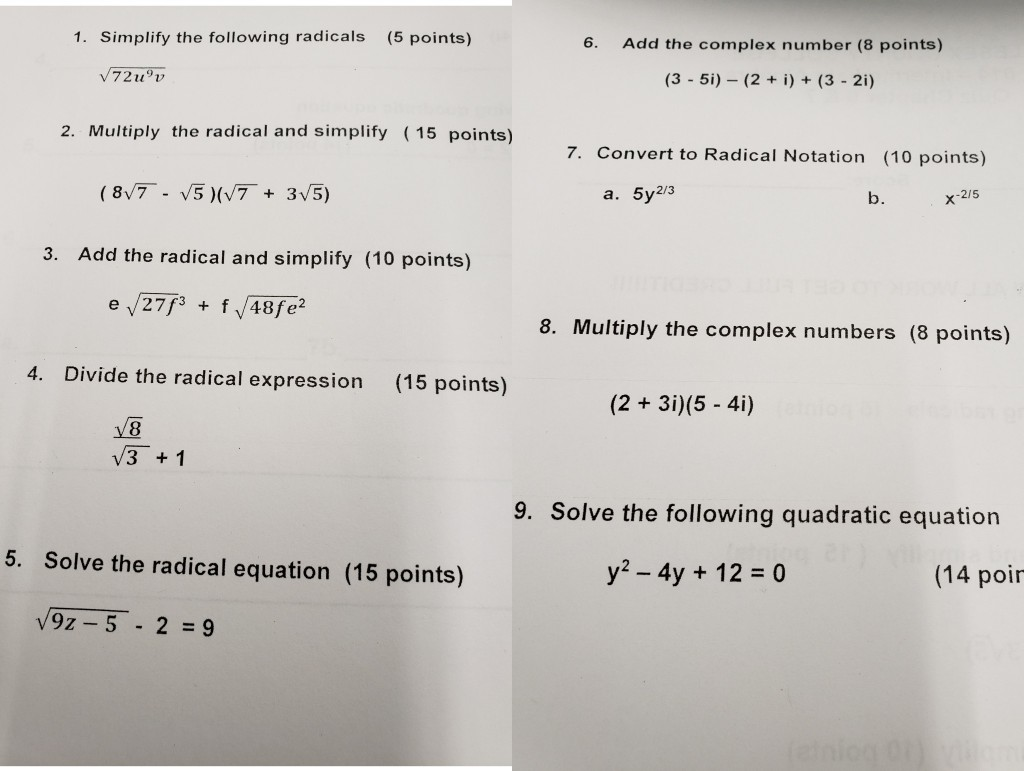 Solved 1. Simplify the following radicals (5 points) Add the | Chegg.com