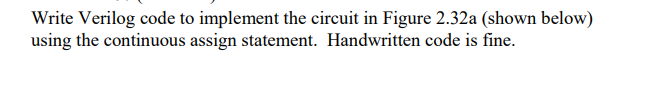 Write Verilog code to implement the circuit in Figure 2.32a (shown below) using the continuous assign statement. Handwritten 