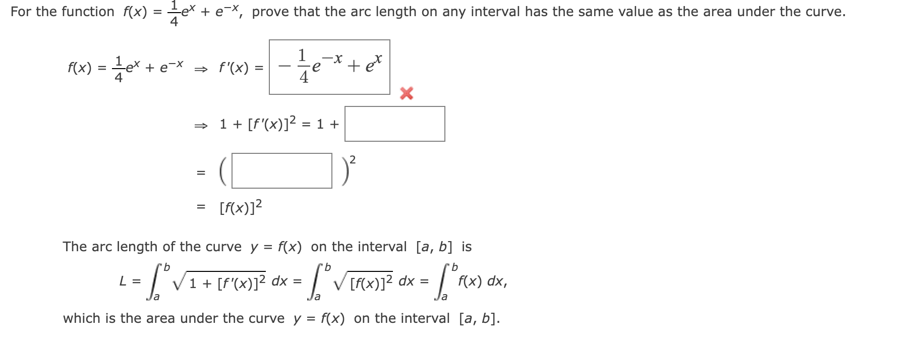 Solved e function f(x)=41ex+e−x, prove that the arc length | Chegg.com