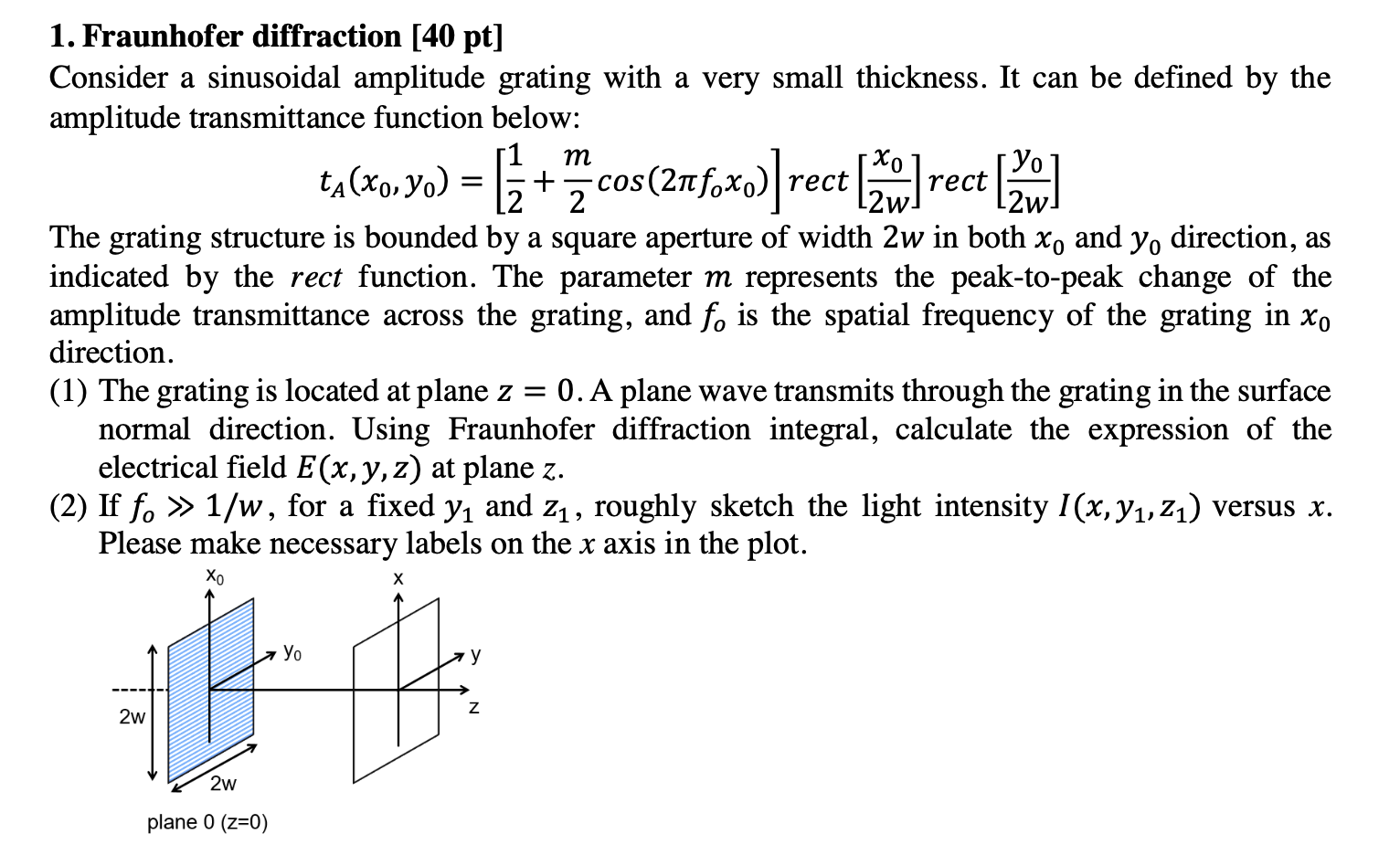 1. Fraunhofer diffraction [40 pt]
Consider a sinusoidal amplitude grating with a very small thickness. It can be defined by t