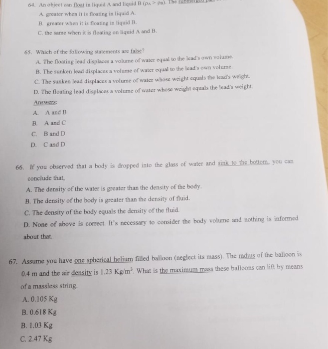 Solved 64. An object can float in liquid A and liquid B (pA | Chegg.com