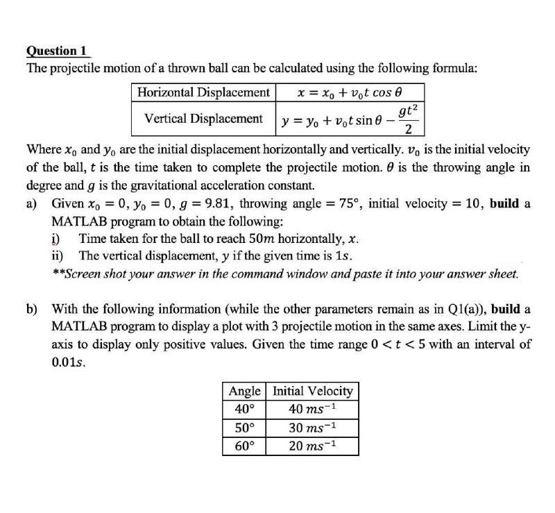 Solved gt? Question 1 The projectile motion of a thrown ball