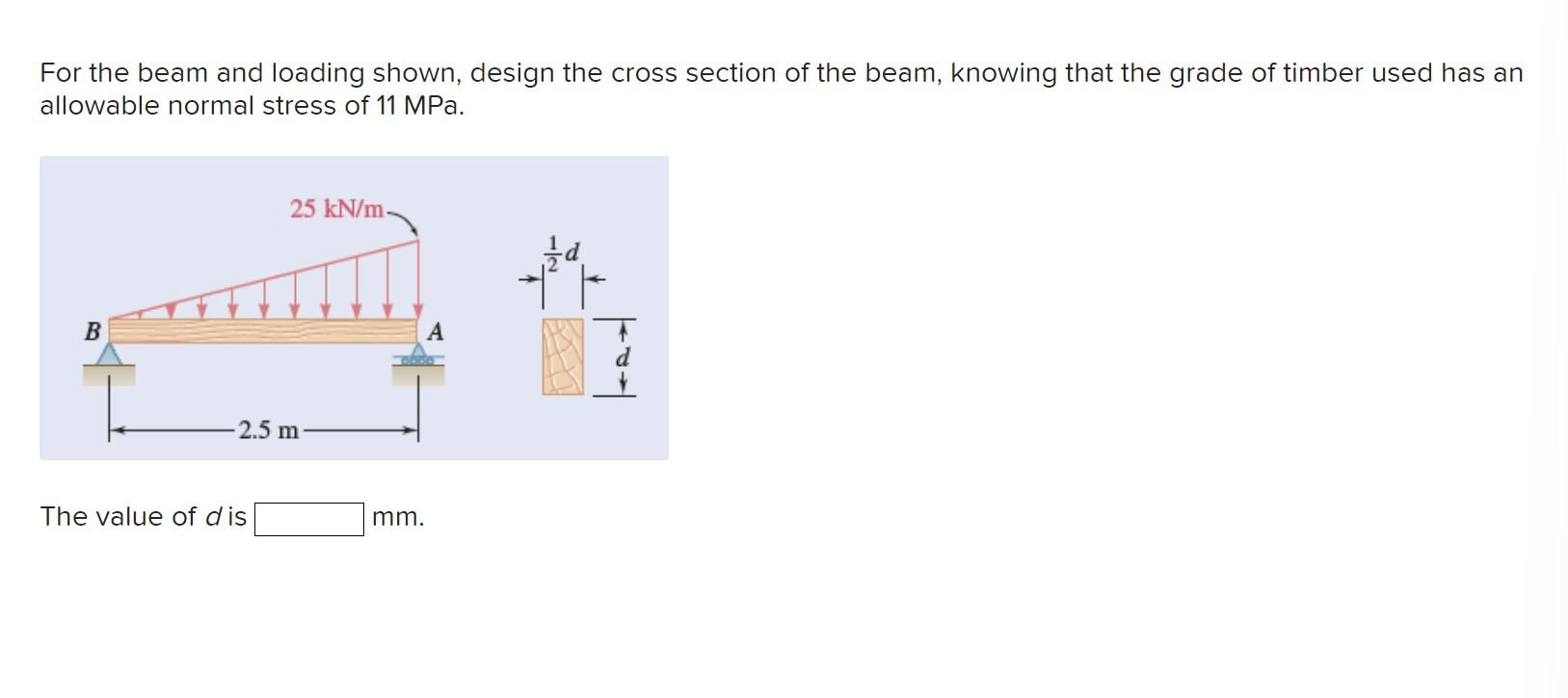 For the beam and loading shown, design the cross section of the beam, knowing that the grade of timber used has an allowable 