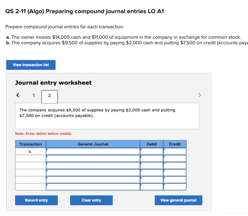 Solved QS 211 (Algo) Preparing compound journal entries LO