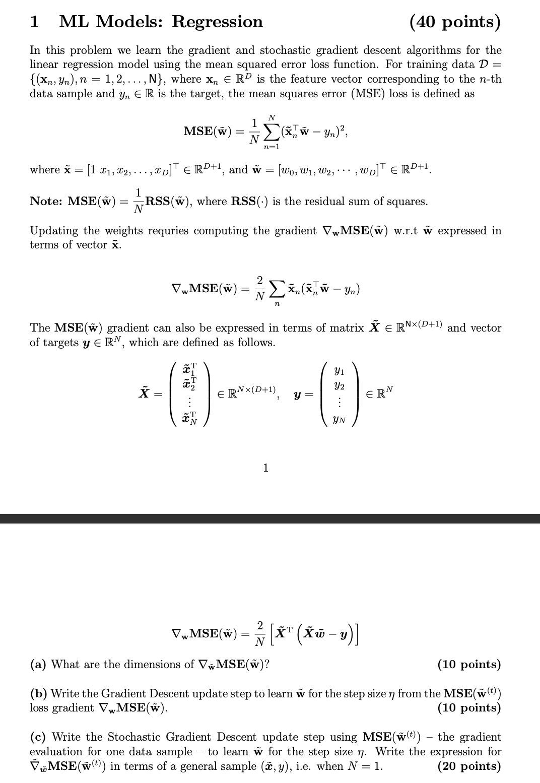 Solved I ML Mlodels: Regression (40 points) In this problem | Chegg.com