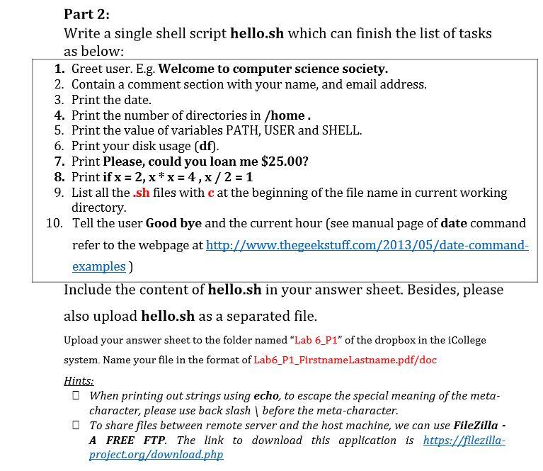 Part 2: Write a single shell script hello.sh which | Chegg.com