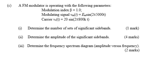 Solved A FM modulator is operating with the following | Chegg.com