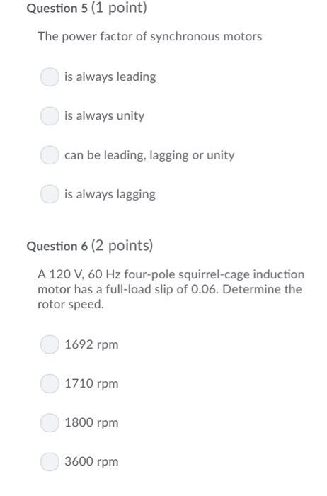Solved Question 5 (1 point) The power factor of synchronous | Chegg.com