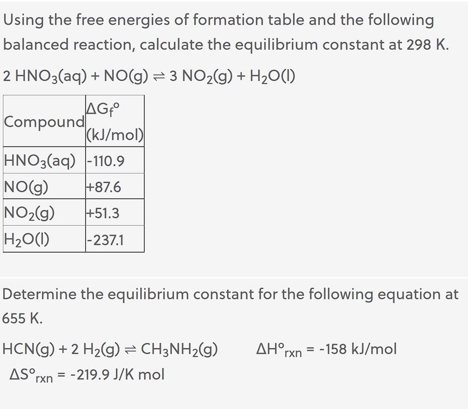 Solved Using the free energies of formation table and the | Chegg.com