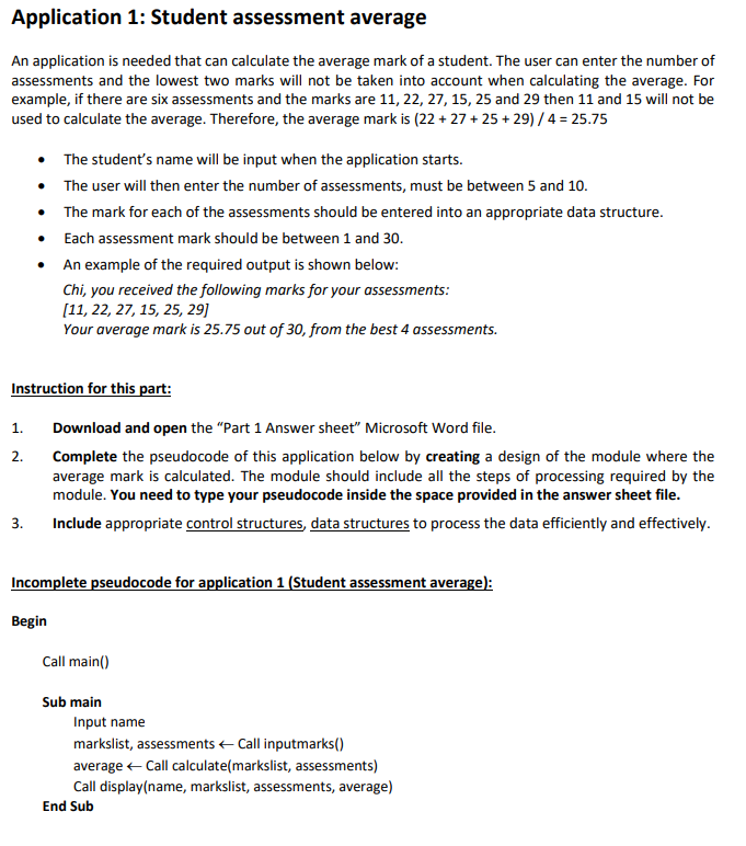 Solved Application 1: Student assessment average An | Chegg.com
