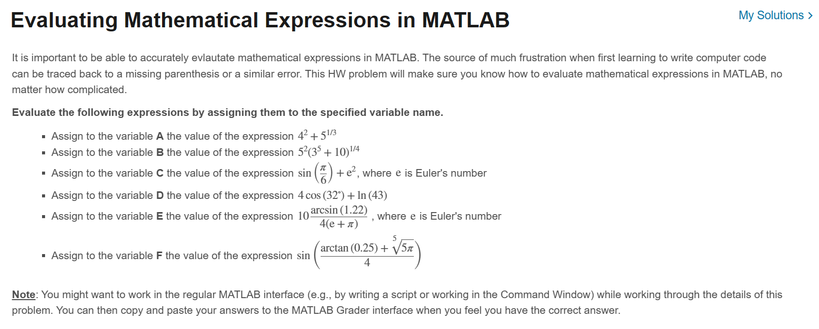 Solved Evaluating Mathematical Expressions in MATLABIt is | Chegg.com
