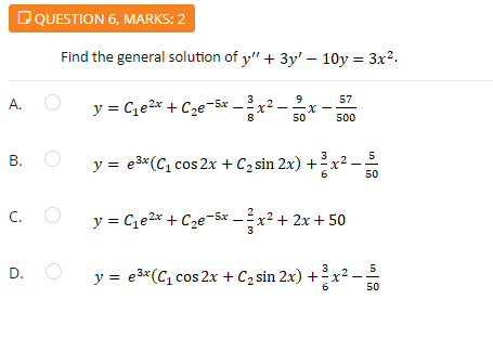 Find the general solution of \( y^{\prime \prime}+3 y^{\prime}-10 y=3 x^{2} \). A. \( \quad y=C_{1} e^{2 x}+C_{2} e^{-5 x}-\f