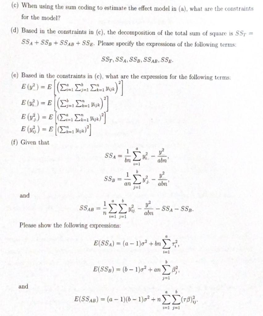 Solved For the two-way ANOVA with a levels of factor A and b | Chegg.com