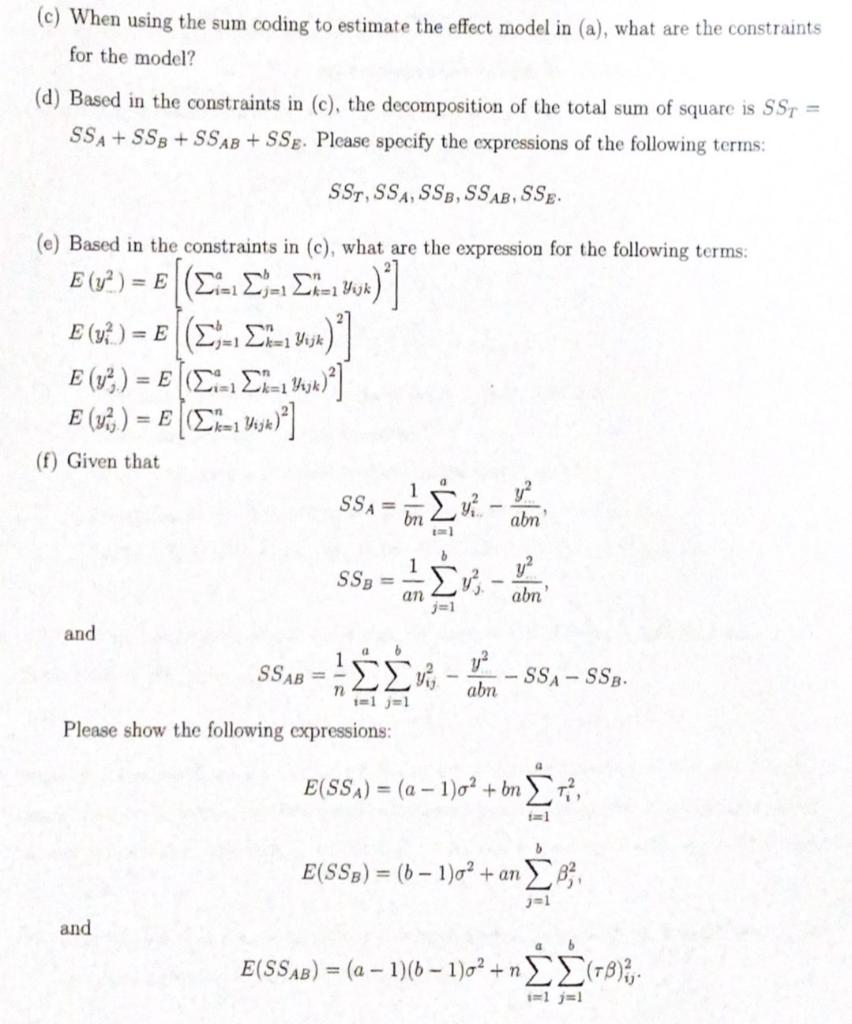 Solved For The Two-way ANOVA With A Levels Of Factor A And B | Chegg.com