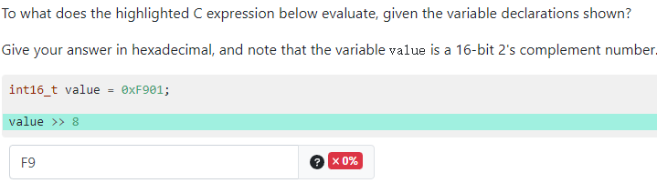 To what does the highlighted C expression below evaluate, given the variable declarations shown?
Give your answer in hexadeci