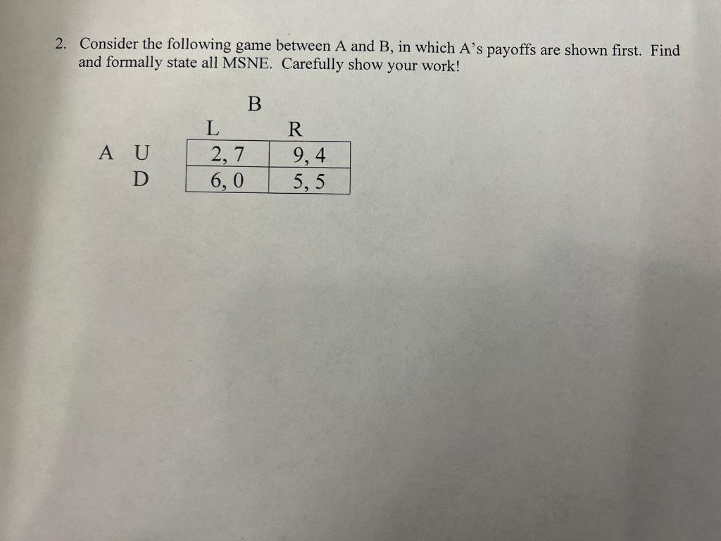 Solved 2. Consider the following game between A and B, in | Chegg.com