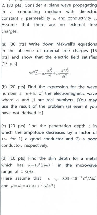 Solved 12. (80 pts] Consider a plane wave propagating in a | Chegg.com