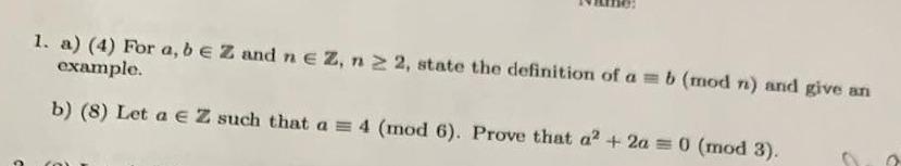 Solved For a, b E Z and nEZ, n >= 2, state the definition of | Chegg.com