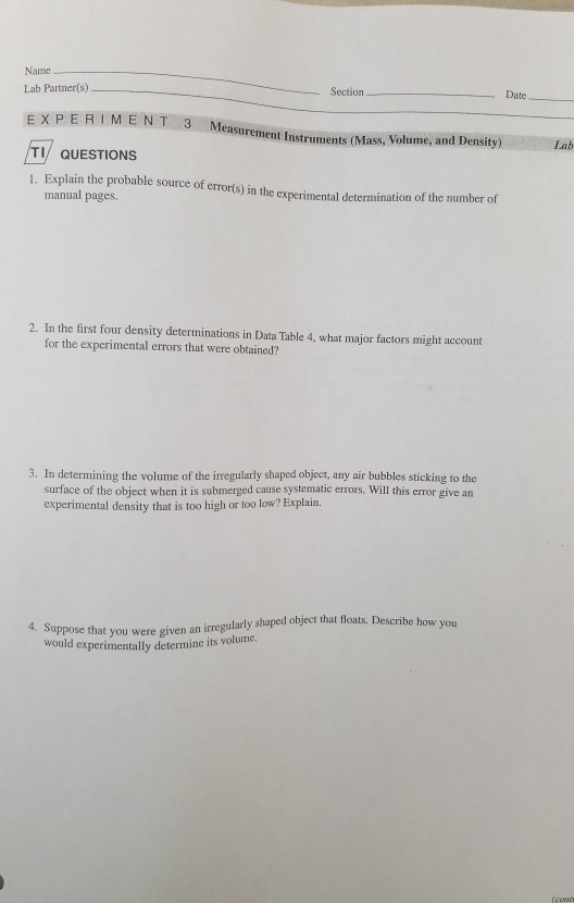 Name Lab Partner(s) Section Date EXPERIMENT 3 Meas | Chegg.com