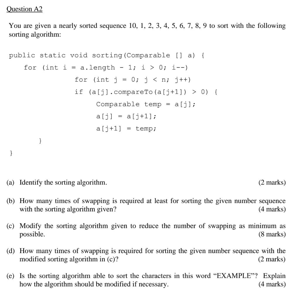 Solved Question A2 You are given a nearly sorted sequence | Chegg.com