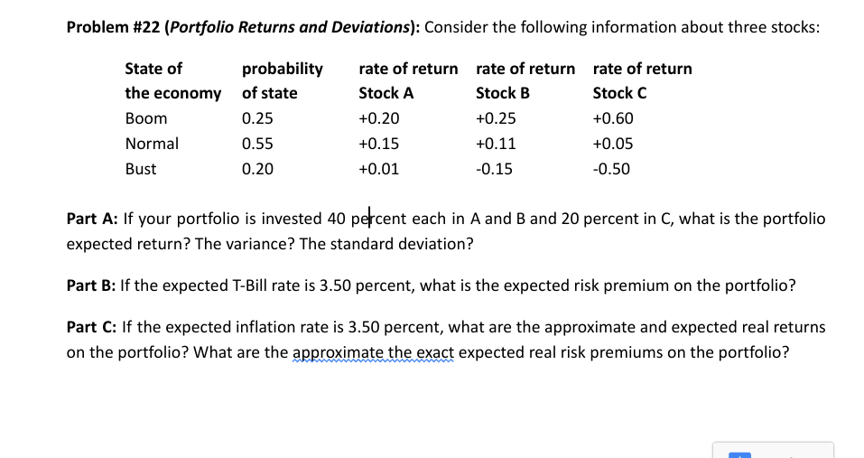 Solved Problem #22 (Portfolio Returns And Deviations): | Chegg.com